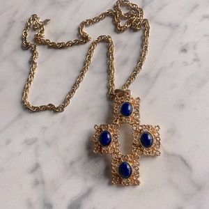 Gold blue stone cross necklace